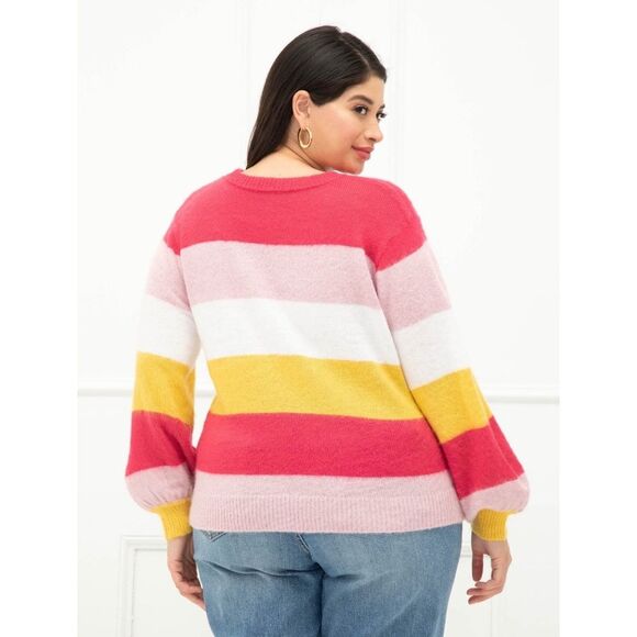 Eloquii Bold Stripe Pink Yellow White Crew Neck Balloon Sleeve Sweater 22/24 EUC - Picture 2 of 7